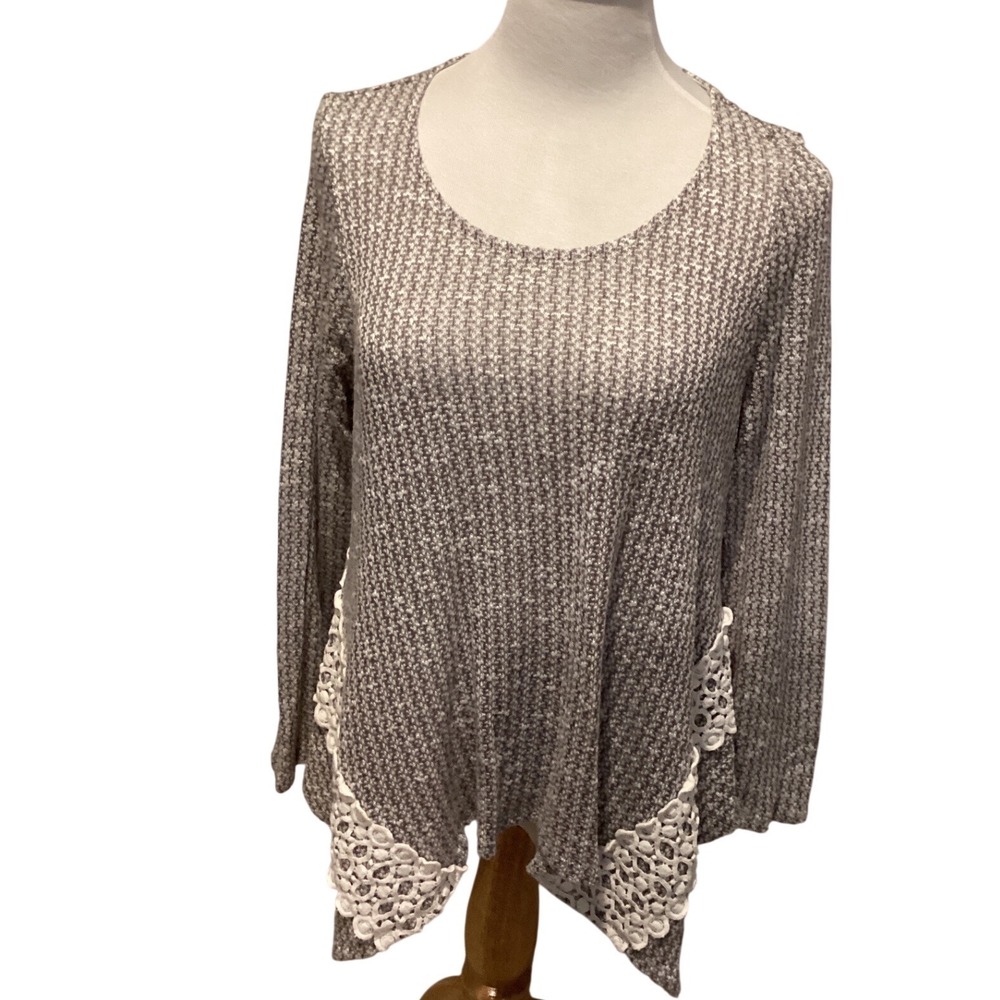 Tru Self Womens Grey White Marled Knit Lace Trim Sharkbite Hem Tunic Top 1X